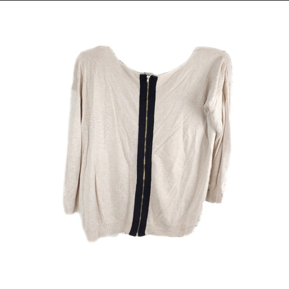 Vertical Design Wmns M Beige Zip Pocket Scoop Neck Full Zip Back Top - Picture 7 of 7